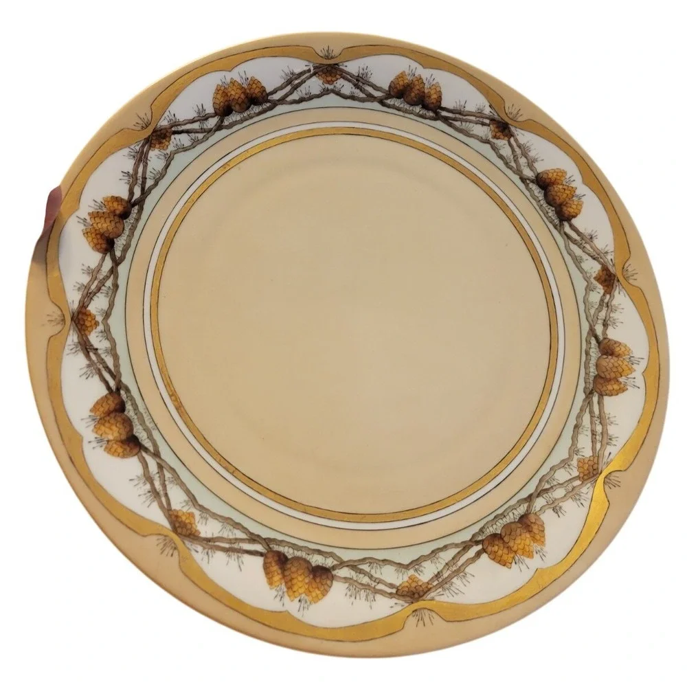 Bavaria‎ Porcelain Plate Vintage Pinecone Gold Gilt Rustic Cabin Decor Tan 15